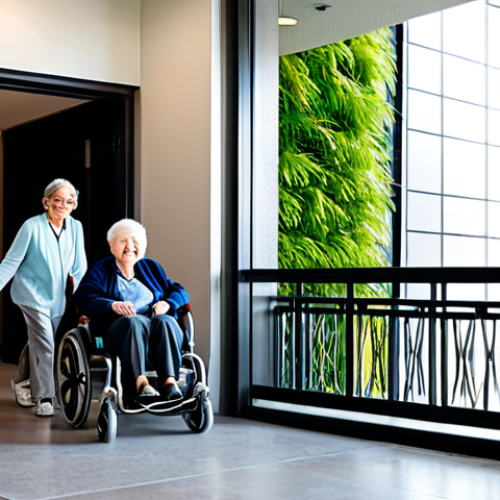 Home 4 A diverse group of adults and families in a modern, fully accessible multi-family building lobby. An elderly person is comfortably navigating a wide, gently sloped ramp. A parent pushes a stroller through a spacious, wide doorway, and another individual in a sleek, contemporary wheelchair approaches an elevator with large, clear buttons. The lobby is bright and features abundant natural light, clean architectural lines, and subtle interior greenery. All subjects are fully clothed in appropriate, modest attire, showcasing natural poses and correct proportions. The image conveys a sense of inclusivity and community. Professional photography, high quality, perfect anatomy, well-formed hands, proper finger count, natural body proportions, safe for work, appropriate content, family-friendly.