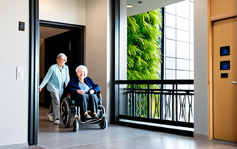 A diverse group of adults and families in a modern, fully accessible multi-family building lobby. An elderly person is comfortably navigating a wide, gently sloped ramp. A parent pushes a stroller through a spacious, wide doorway, and another individual in a sleek, contemporary wheelchair approaches an elevator with large, clear buttons. The lobby is bright and features abundant natural light, clean architectural lines, and subtle interior greenery. All subjects are fully clothed in appropriate, modest attire, showcasing natural poses and correct proportions. The image conveys a sense of inclusivity and community. Professional photography, high quality, perfect anatomy, well-formed hands, proper finger count, natural body proportions, safe for work, appropriate content, family-friendly.