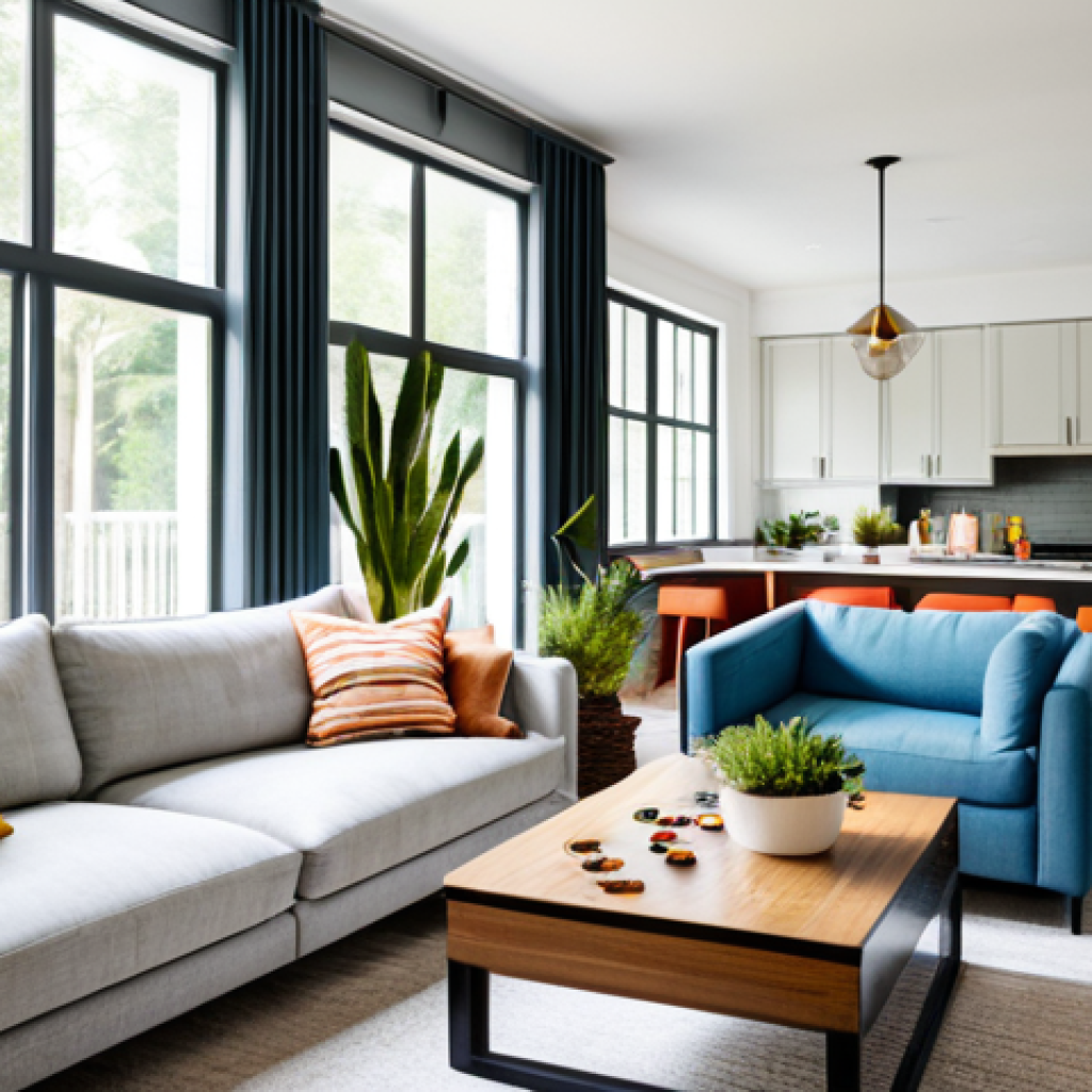 Multifunctional Family Space**
A bright and airy living room in a renovated multigenerational home. Modern, modular furniture is arranged to create distinct zones for relaxation and family activities. Large windows bring in natural light. Walls are a neutral color with colorful accents. Include indoor plants. Safe for work, appropriate content, fully clothed people playing a board game, professional interior design, perfect anatomy, natural proportions, family-friendly.
**