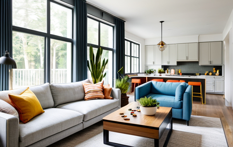 Multifunctional Family Space**

A bright and airy living room in a renovated multigenerational home. Modern, modular furniture is arranged to create distinct zones for relaxation and family activities. Large windows bring in natural light. Walls are a neutral color with colorful accents. Include indoor plants. Safe for work, appropriate content, fully clothed people playing a board game, professional interior design, perfect anatomy, natural proportions, family-friendly.

**