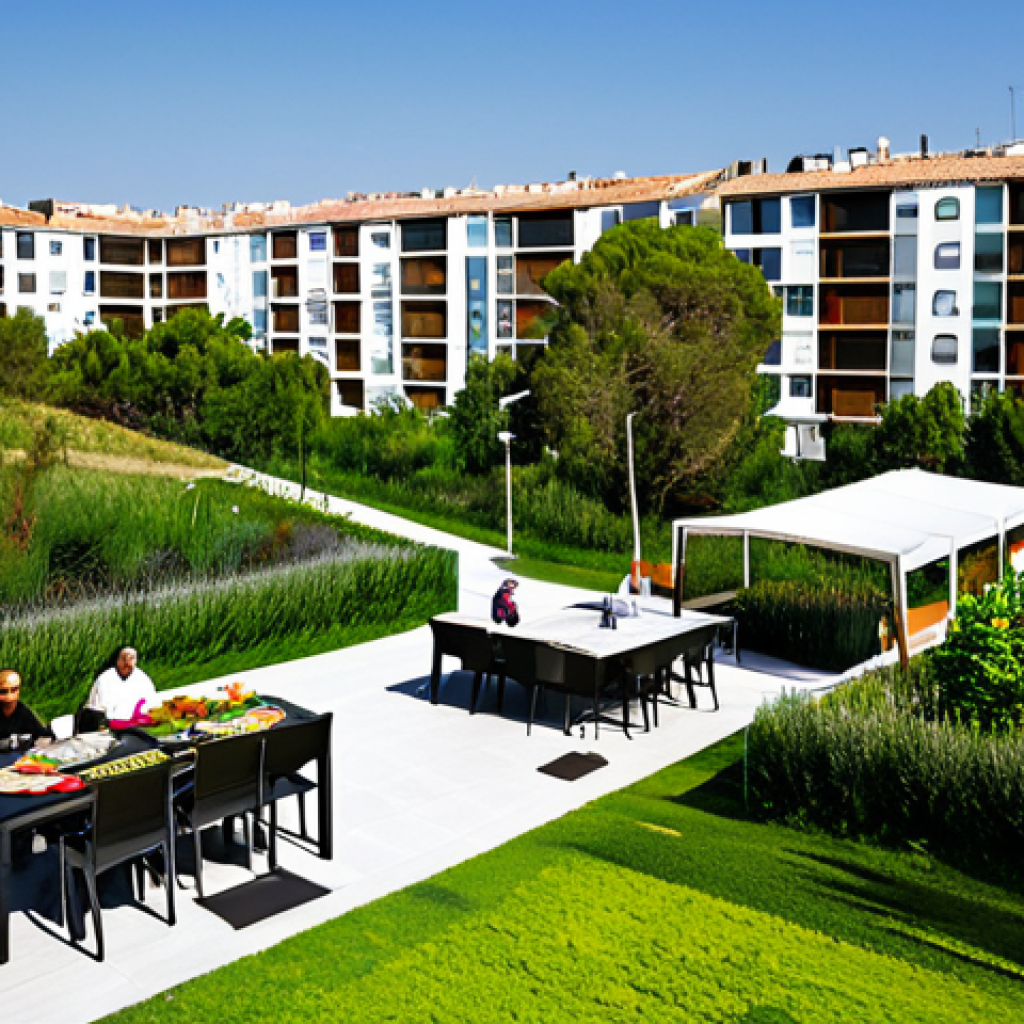 **
"A brightly lit, modern co-housing complex in Barcelona, Spain, featuring a shared outdoor kitchen area with residents preparing paella together. Lush green community garden in the background. The architecture incorporates sustainable design elements. Everyone is fully clothed in casual, appropriate attire. safe for work, family-friendly, perfect anatomy, correct proportions, natural pose, professional photography, high quality."
**