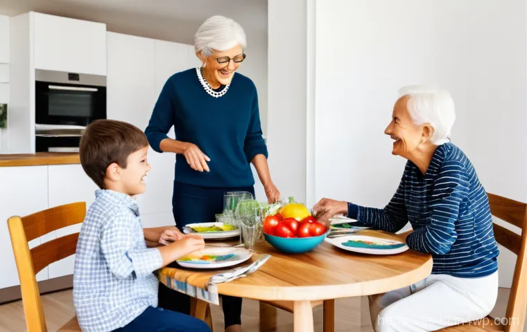 다세대 주거에서의 세대 간 상생 모델 - Prompt 1: A Joyful Intergenerational Dinner in a Modern Spanish Home**