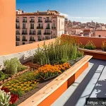 Home 19 다세대 주거의 환경 보호 방안 - A vibrant community garden on the rooftop of a multifamily residential building in a Spanish urban n...