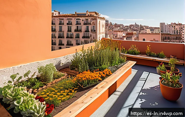다세대 주거의 환경 보호 방안 - A vibrant community garden on the rooftop of a multifamily residential building in a Spanish urban n...