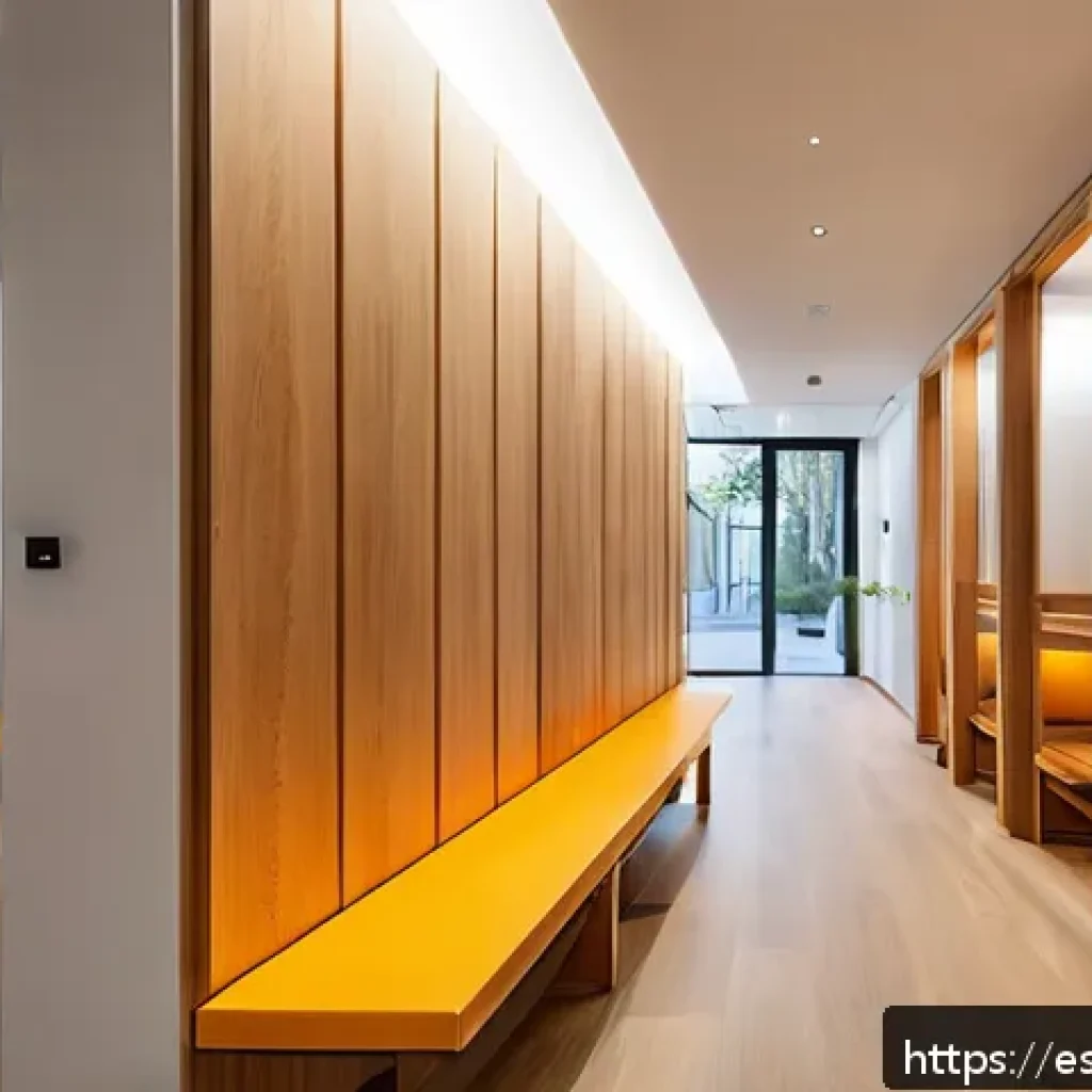 다세대 주거의 생활 편의성 증진 전략 - A modern shared hallway in a multifamily residential building in Spain, featuring smart space optimi...