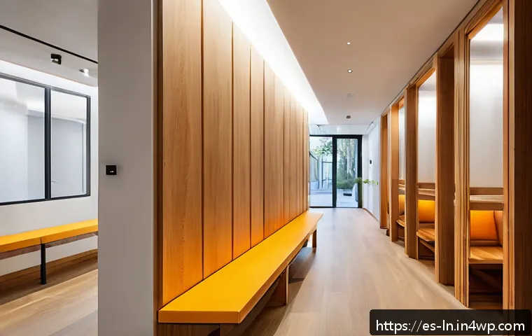 다세대 주거의 생활 편의성 증진 전략 - A modern shared hallway in a multifamily residential building in Spain, featuring smart space optimi...