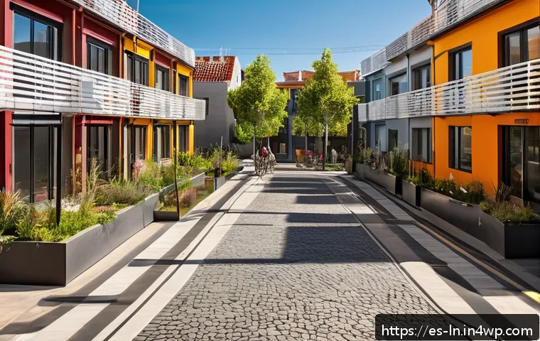다세대 주거의 재개발 사례 연구 - A vibrant urban renewal scene in a Spanish-speaking city neighborhood, showcasing modern multifamily...